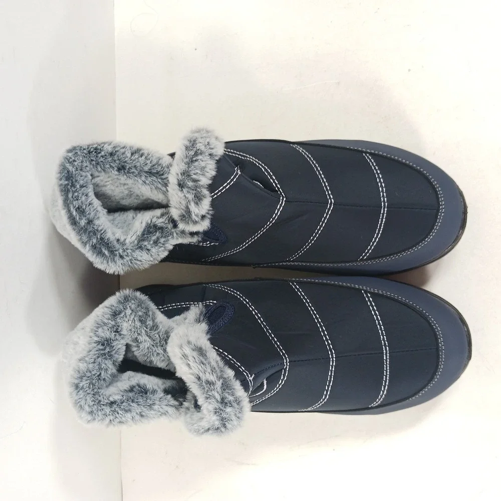 Navy Blue Quilted Faux Fur Lined Winter Ankle Boots Slip On Snow‎ Boots